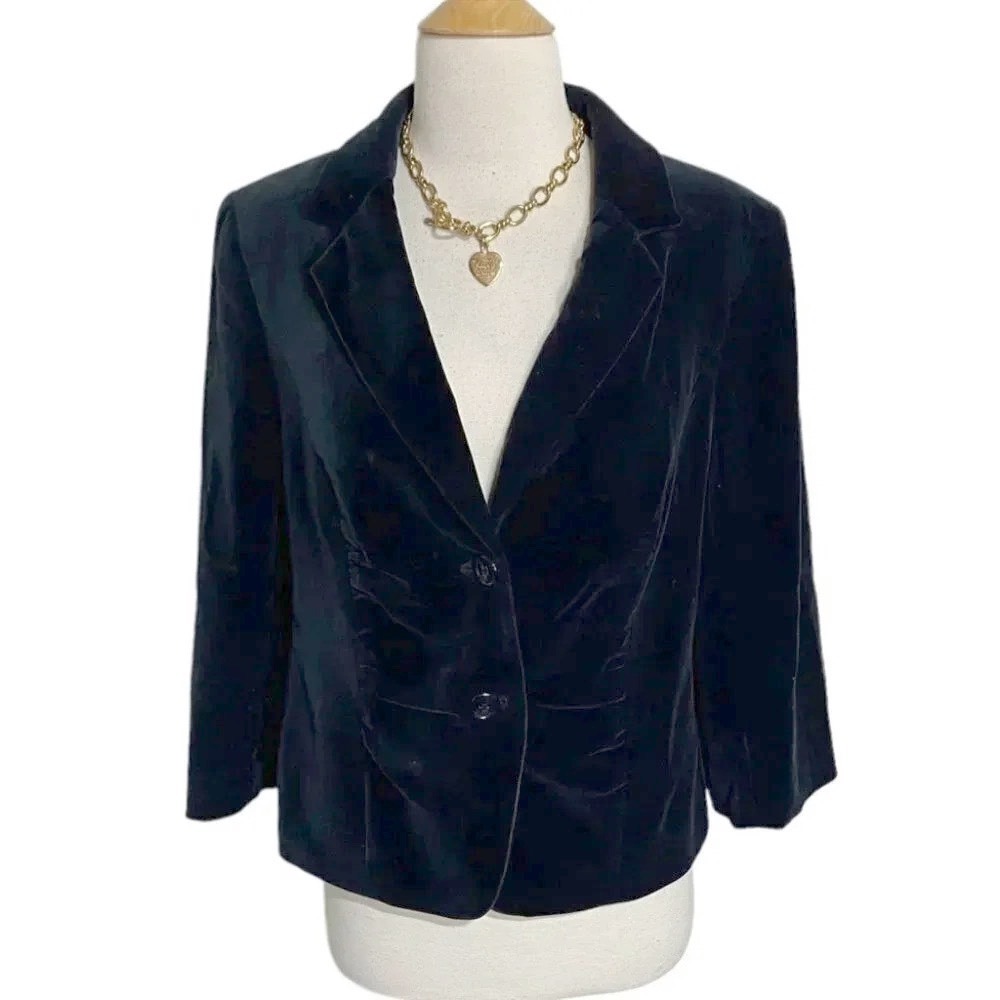 The Limited Blazer Large Black Velvet 3/4 Sleeve Ruched Cropped Jacket